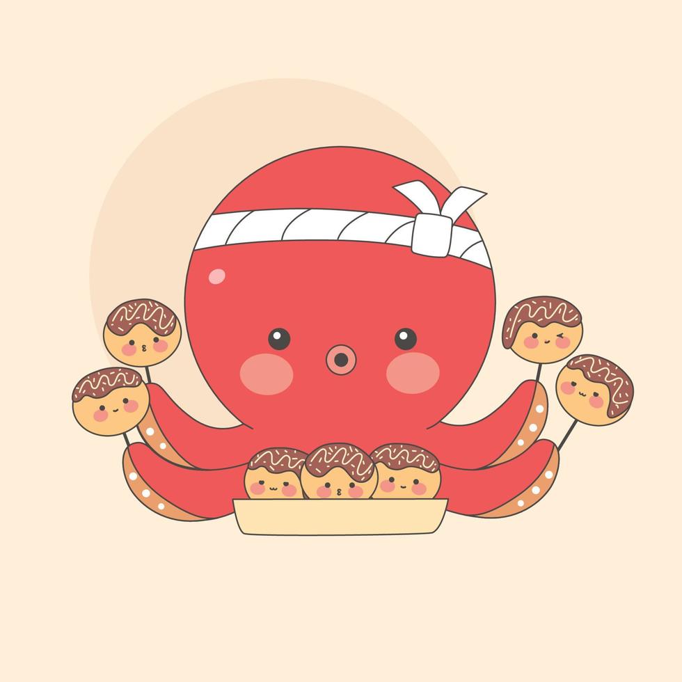 en söt bläckfisk innehar takoyaki i dess tentakler. söt illustration. asiatisk mat. traditionell japansk kök. vektor