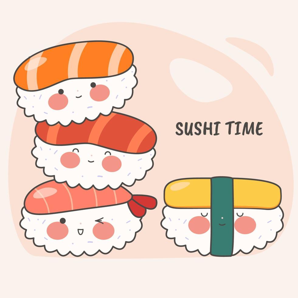 süß Sushi einstellen mit lächelnd Gesicht und Rosa Wangen. Sushi Zeit. kawaii Rollen. japanisch traditionell Küche Teller. Lager Vektor Illustration.