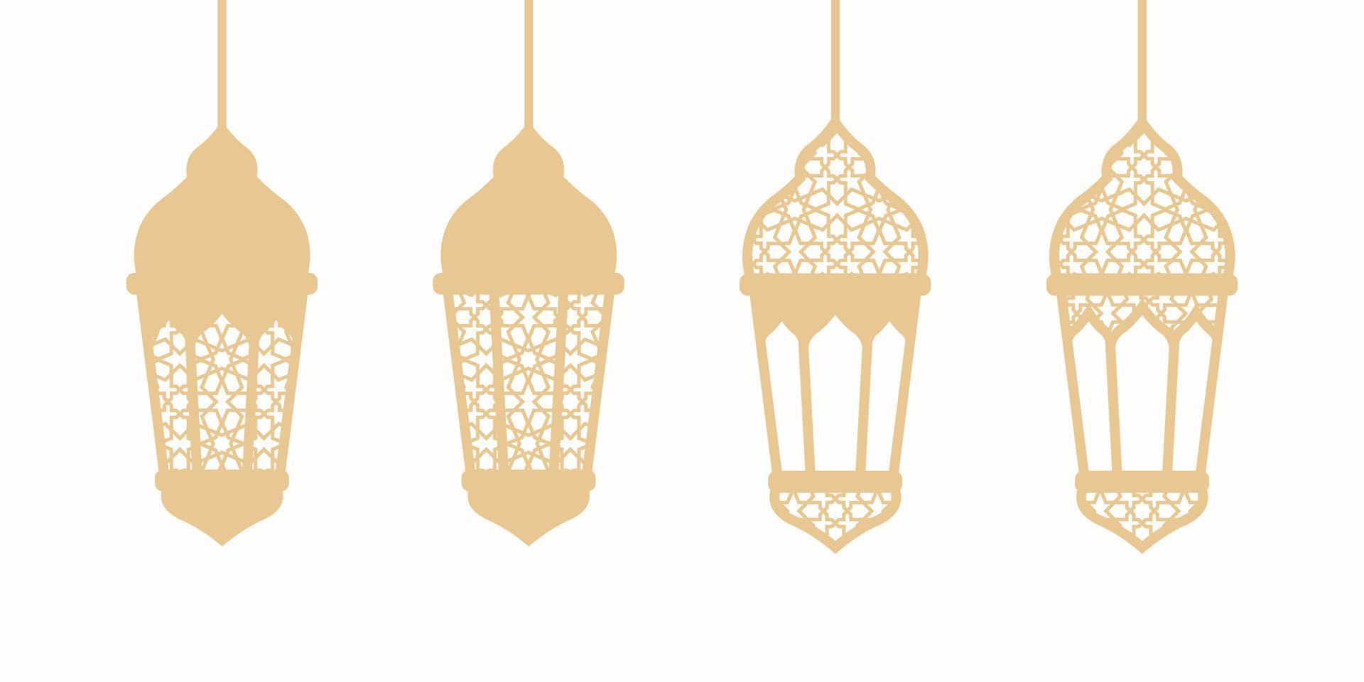 einstellen von Luxus golden Arabisch Laterne mit islamisch Muster. golden Laterne, Lampe Linie Symbole. arabisch Design Element. Islam Dekoration. Gruß Girlande. Muslim Festival. Vektor Illustration.