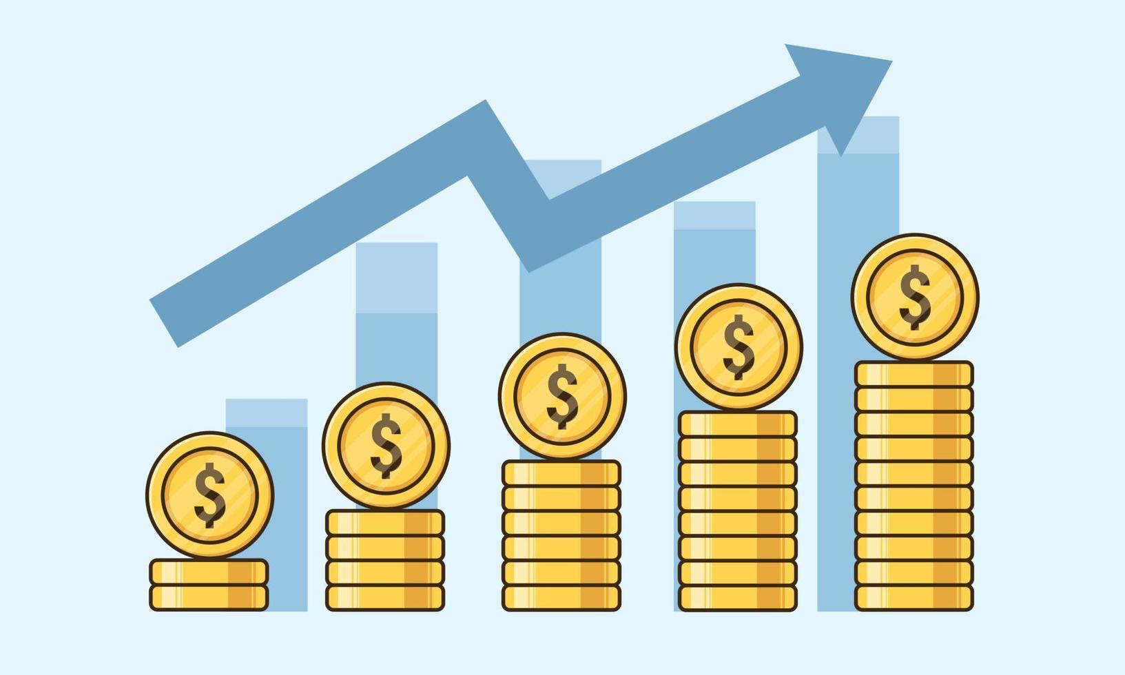 Gold Dollar Münze Wachstum Konzept Vektor Illustration. Stapel von Gold Münze mögen Einkommen Graph Karikatur Vektor Abbildung. Geschäft und Finanzen Objekt Konzept isoliert Vektor.