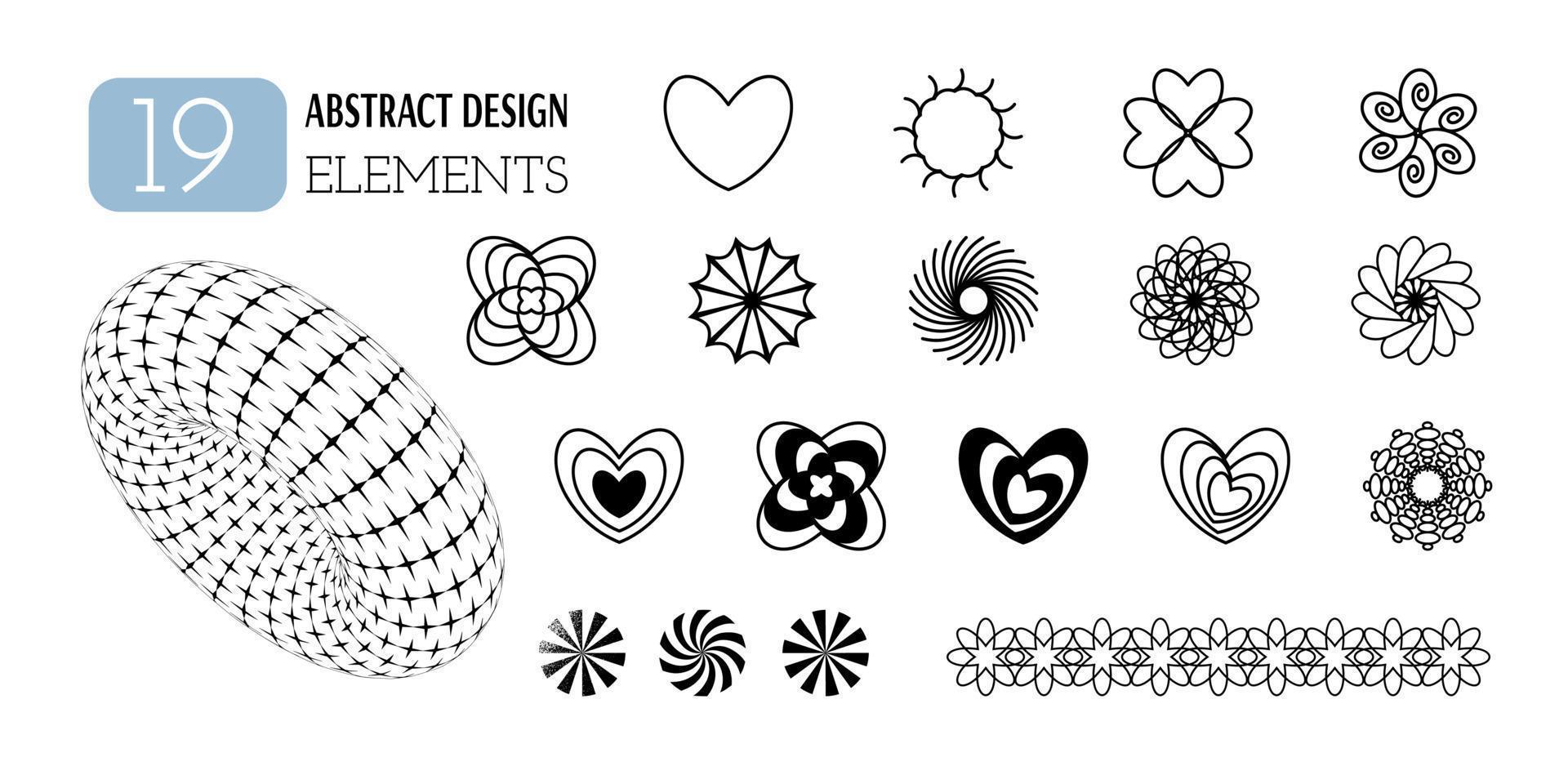 einstellen von Vektor abstrakt geometrisch Formen. Ästhetik von y2k. modisch minimalistisch Design Elemente, Muster, futuristisch Zahlen, 3d Objekte, Herzen.