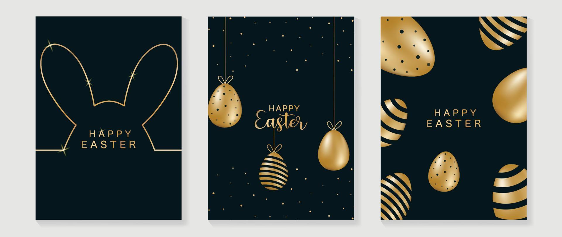 glücklich Ostern Luxus Element Startseite Vektor Satz. elegant funkeln Gold Hase gestalten Linie Kunst und hängend 3d glänzend golden gestreift Ostern Eier. bezaubernd glamourös Design zum dekorativ, Karte, Kinder, Poster.