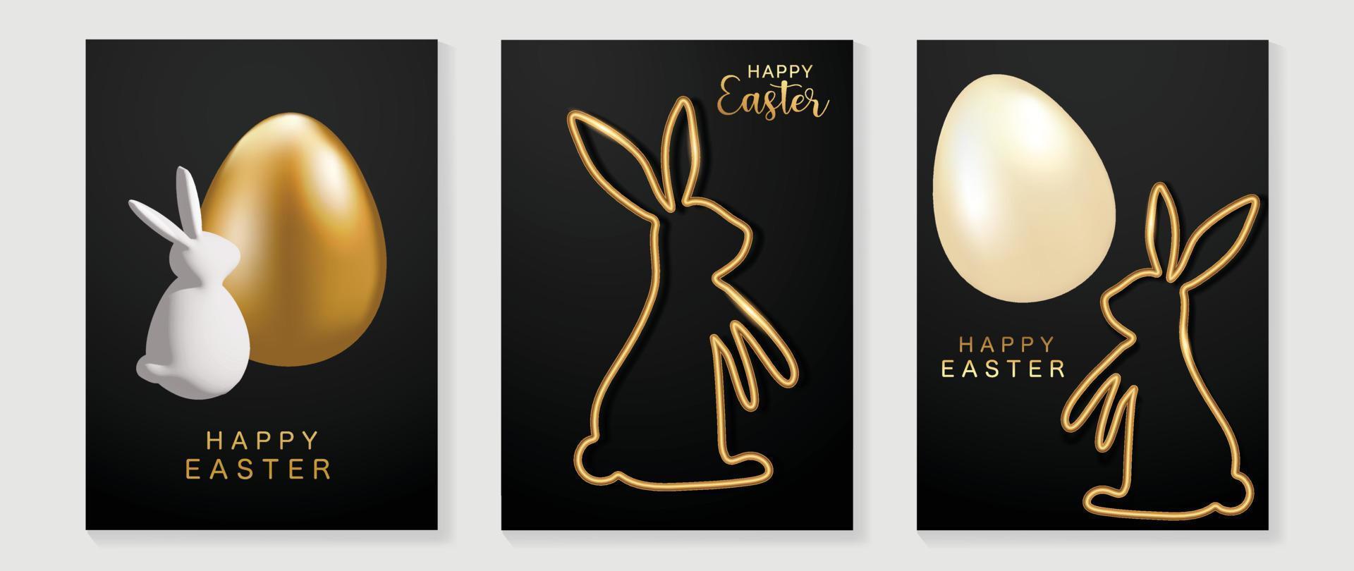 glücklich Ostern Luxus Element Startseite Vektor Satz. elegant 3d glänzend Gold Ostern Ei mit Weiß und Gold Linie Hase gestalten auf schwarz Hintergrund. bezaubernd glamourös Design zum dekorativ, Karte, Kinder, Poster.