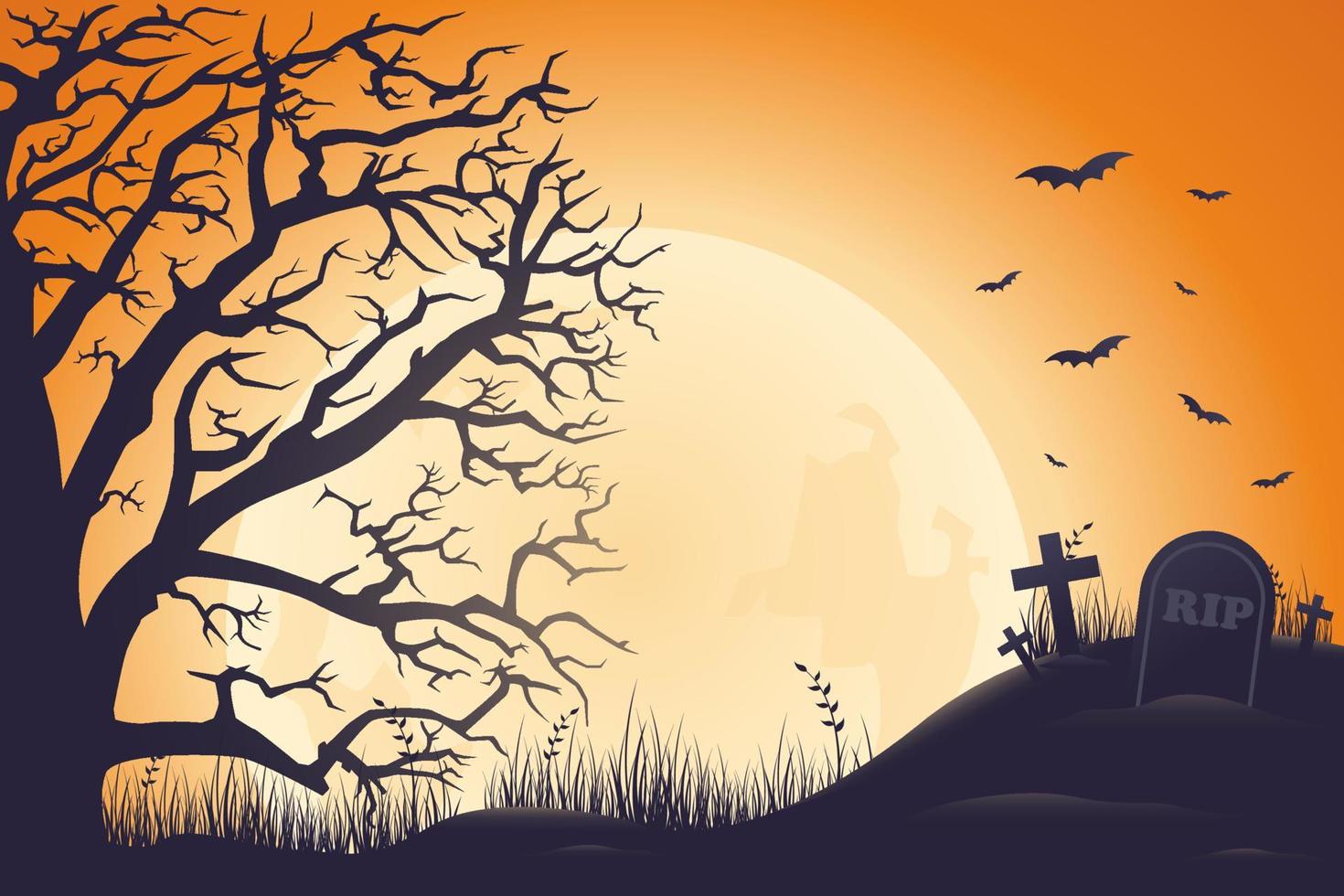 halloween bakgrund, läskigt träd och besatt kyrkogård med månsken på orange bakgrund vektor