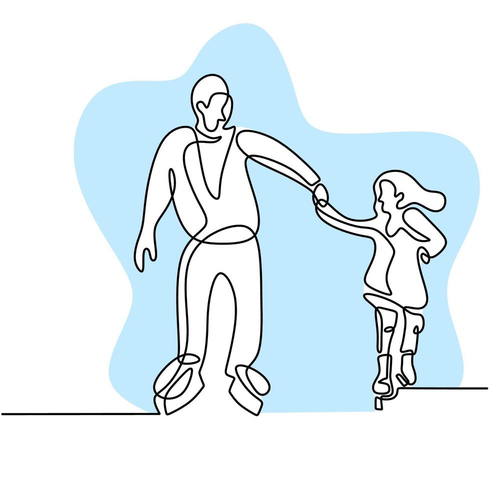 kontinuerlig linjeteckning av pappa och dotter som spelar skridskoåkning på ishallarenan isolerad på vit bakgrund. kul vintersport koncept handritad skiss minimalism stil. vektor illustration