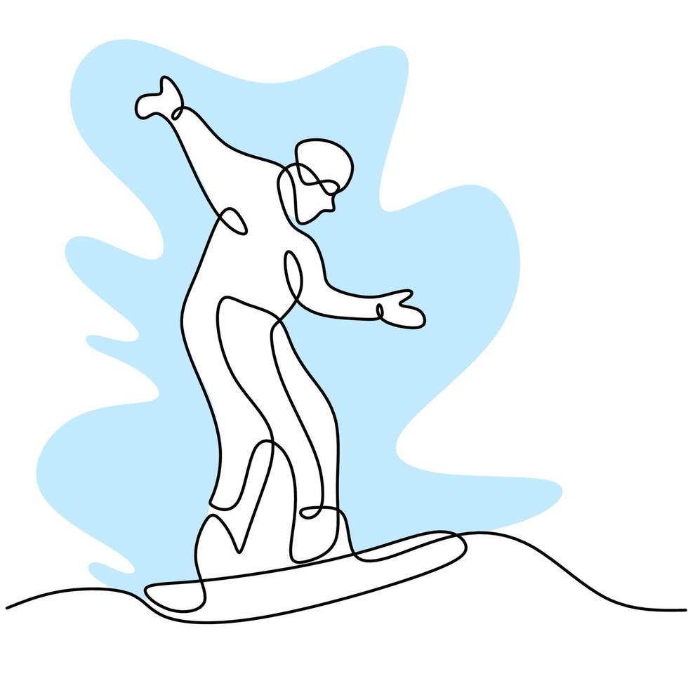 en kontinuerlig linje ritning av ung sportig man snowboardåkare ridning snowboard i snöiga pulver berg isolerad på vit bakgrund. vinter livsstil sport koncept. vektor illustration