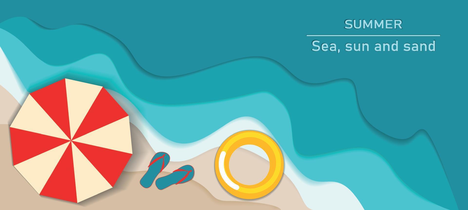 breit Banner Meer Küste, Strand mit Regenschirm. das Konzept von ein Postkarte, ein Flyer Werbung ein Sommer- Strand Urlaub, Urlaub, heiß Wochenende vektor