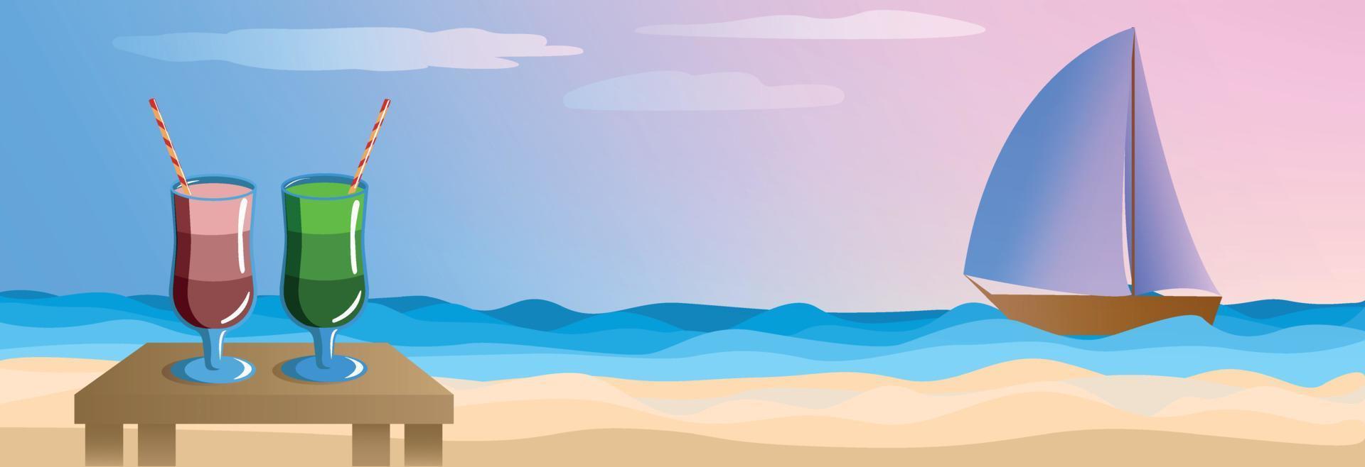 bred baner. sommar kväll hav bakgrund, solnedgång rosa ljus, Yacht i de hav och två strand cocktails på de sand. vykort, Semester säsong annons, strand Semester vektor
