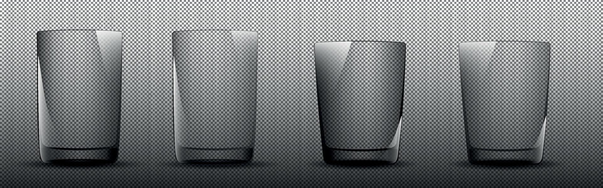 realistisch einstellen von Glas leeren Gläser, anders Größen auf ein transparent Hintergrund. 3d Glaswaren zum Kaffee, Tee, Saft, Bar trinken. Attrappe, Lehrmodell, Simulation von Doppelwandig Brille zum Design, Restaurant, Cafe vektor