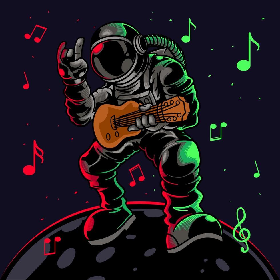 astronaut spelar gitarr med metallsymbol handgest. coola kille astronauter rymdman spela astro rock på elgitarr på en planet. vektorillustration för t-shirt utskrifter, affischer och andra användningsområden. vektor