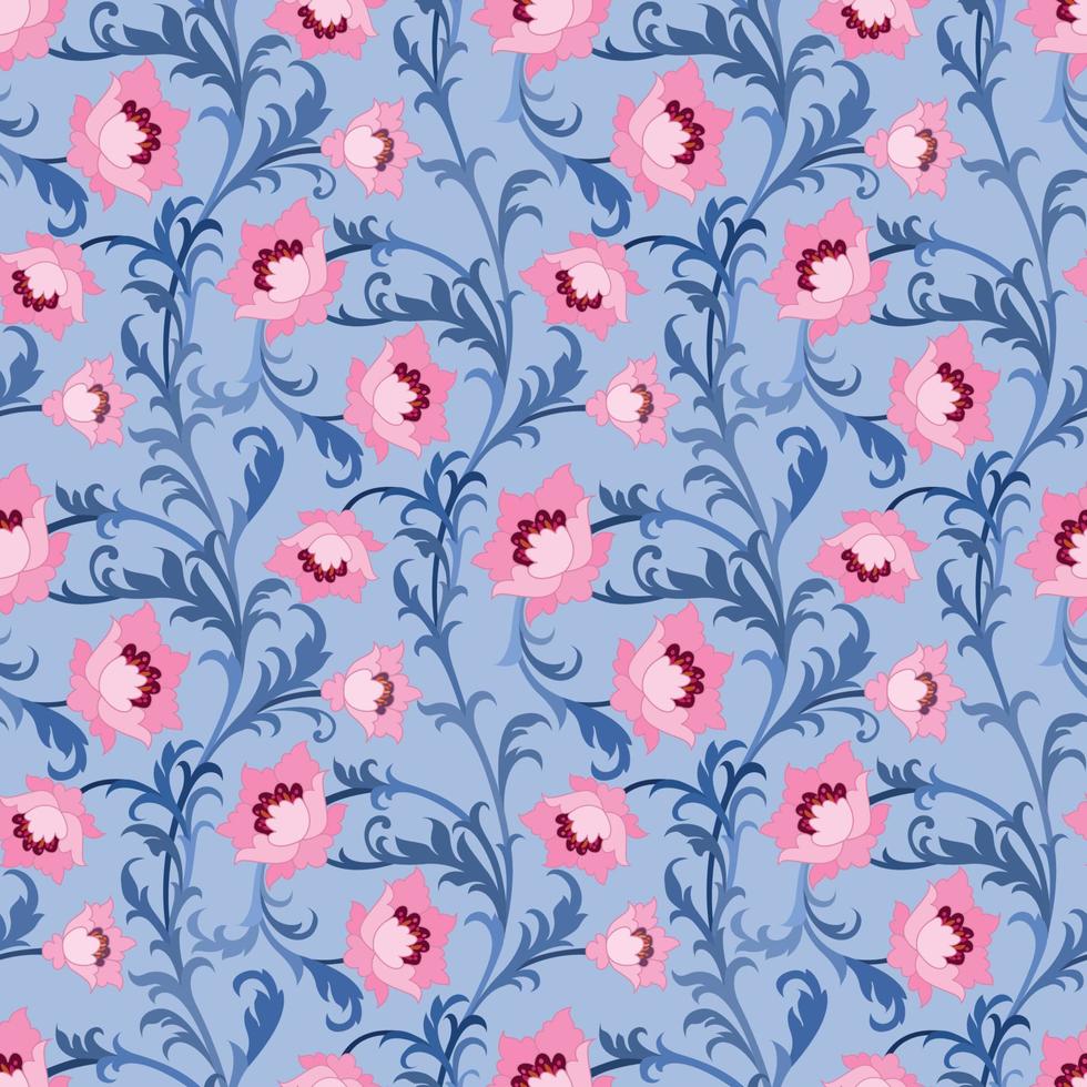 rosa blomma design prydnad på blå bakgrund sömlös mönster. vektor