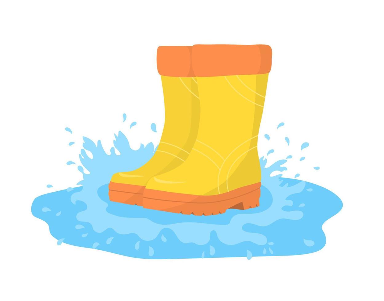 Gelb Gummi Stiefel im ein Pfütze machen ein Spritzen von Wasser. Vektor Illustration.