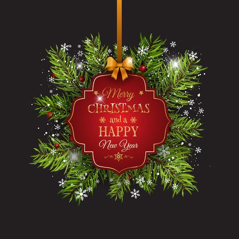 Weihnachtshintergrund mit Tannenbaumasten und dekorativem Aufkleber vektor