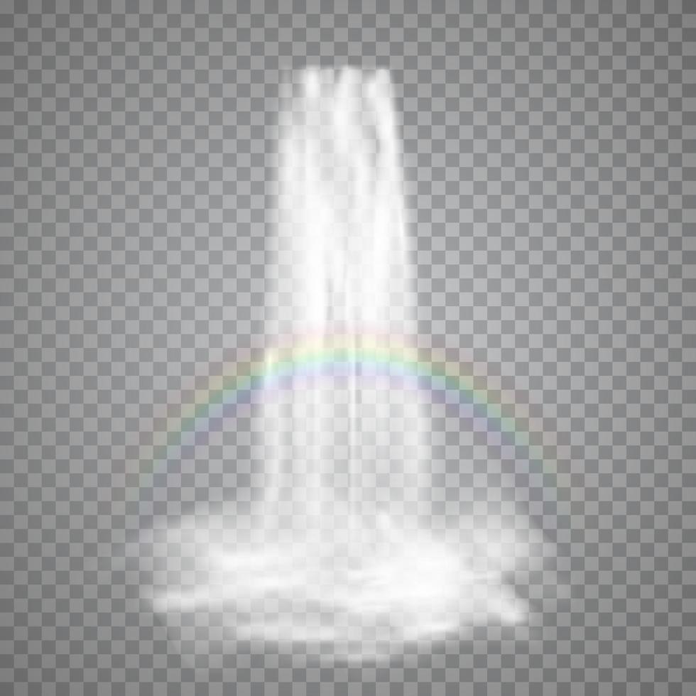 realistisch Natur Strom von Wasserfall mit klar Wasser Regenbogen und Nebel. Vektor