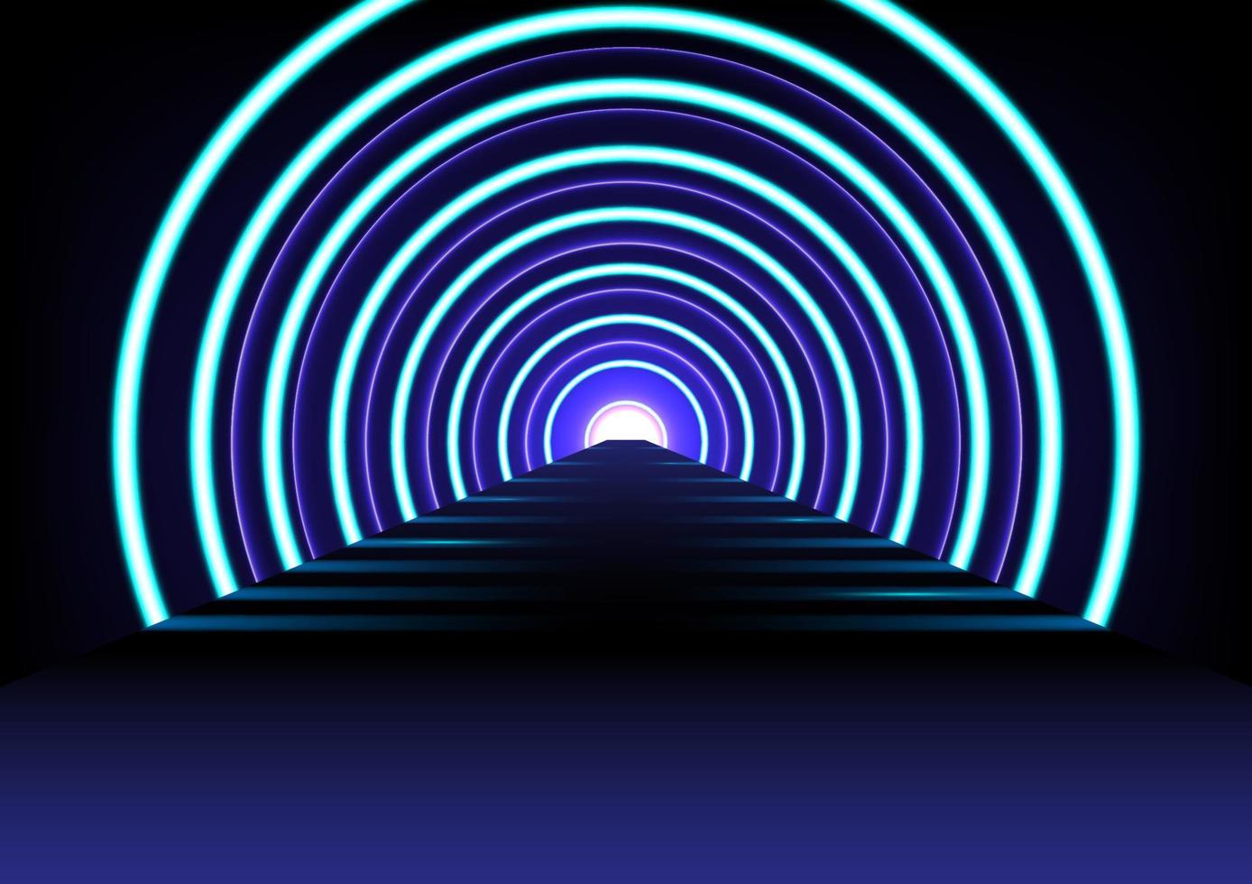 abstrakt futuristisch Technologie Hintergrund mit Licht Wirkung. Tunnel optisch Illusion, Raumschiff Gang, Wissenschaft oder teleportieren leuchten mit fluoreszierend Neon- Licht. Vektor Illustration