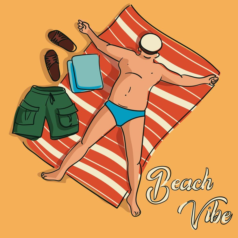 strand vibb, pot-bellied man solbad i de Sol. vektor design av en sommar affisch i en enkel stil. kontur illustration med Färg i de form av en skiss av en mogna man solbad på de sand