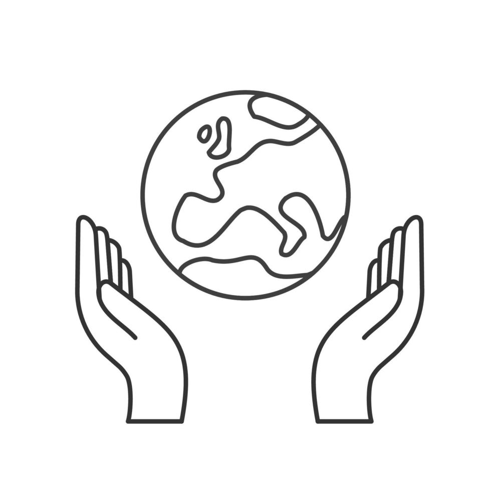 hand innehav planet jorden, linjär vektor ikon. spara de planet. jord dag symbol. värld miljö bevarande.