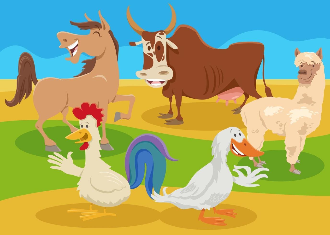 Zeichentrickfilm-Nutztierfiguren auf dem Land vektor