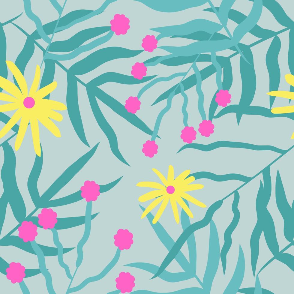 tropisch Hintergrund mit Blumen und Palme Bäume. nahtlos Muster. vektor