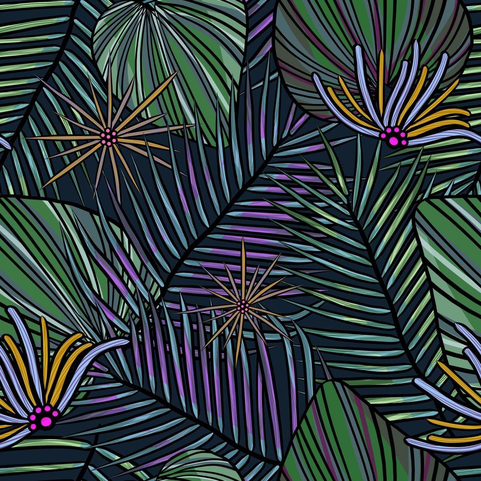 tropisch exotisch Blätter und Blume Vektor nahtlos Muster. Urwald Laub Illustration. botanisch Illustration auf dunkel Hintergrund.