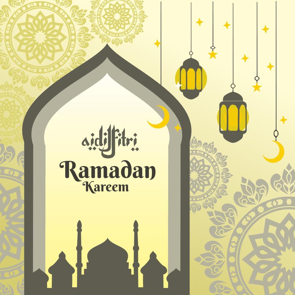 baner siluet moské dörr ramadan kareem, pister eid mubarak. ornamen arabiska, lampa och stjärna ornamen vektor