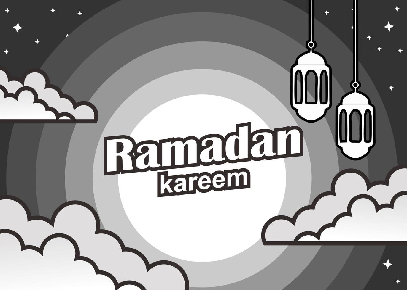 detta svart och vit Färg i-basic tecknad serie ilustration säger ramadan kareem med Sol moln objekt och arabicum lampa vektor