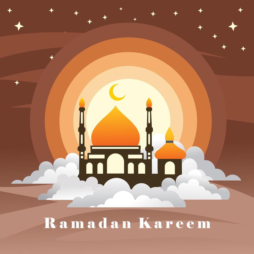 ramadan baner design med en moské ovan de moln och en gradering Sol Bakom de moské och en himmel full av stjärnor vektor