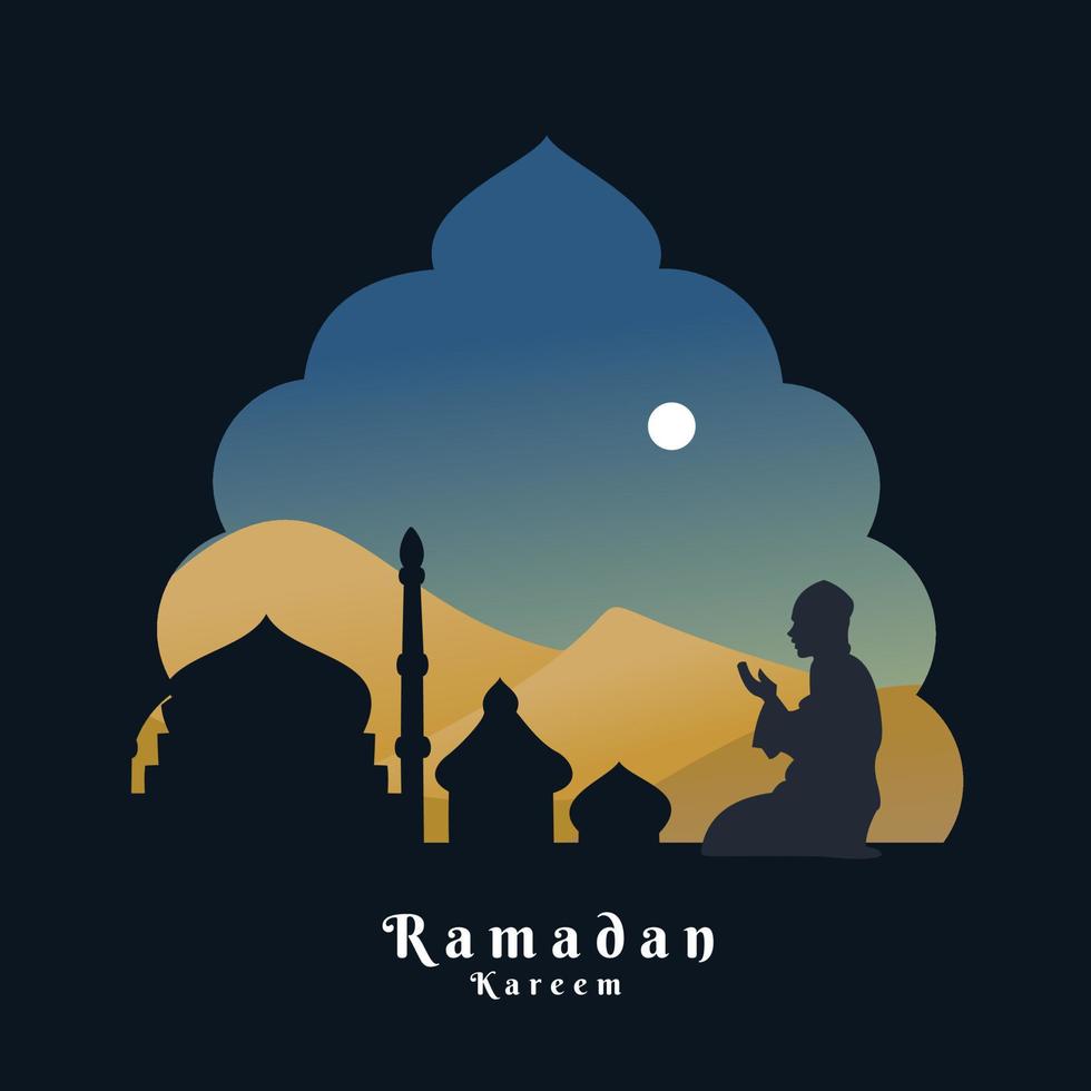 Ramadan Banner mit Silhouetten von Menschen beten und über das Wüste und das Mond im das Blau Himmel vektor