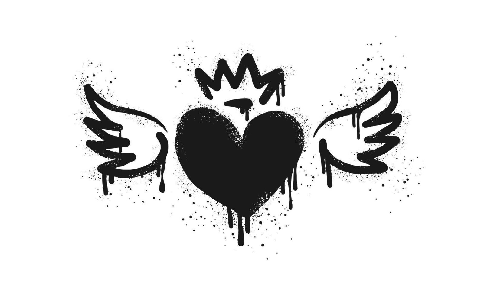 Spray gemalt Graffiti fliegendes Herz mit Flügel-Symbol in schwarz über weiß. Herz mit Flügeln Tropfsymbol. isoliert auf weißem Hintergrund. Vektor-Illustration vektor
