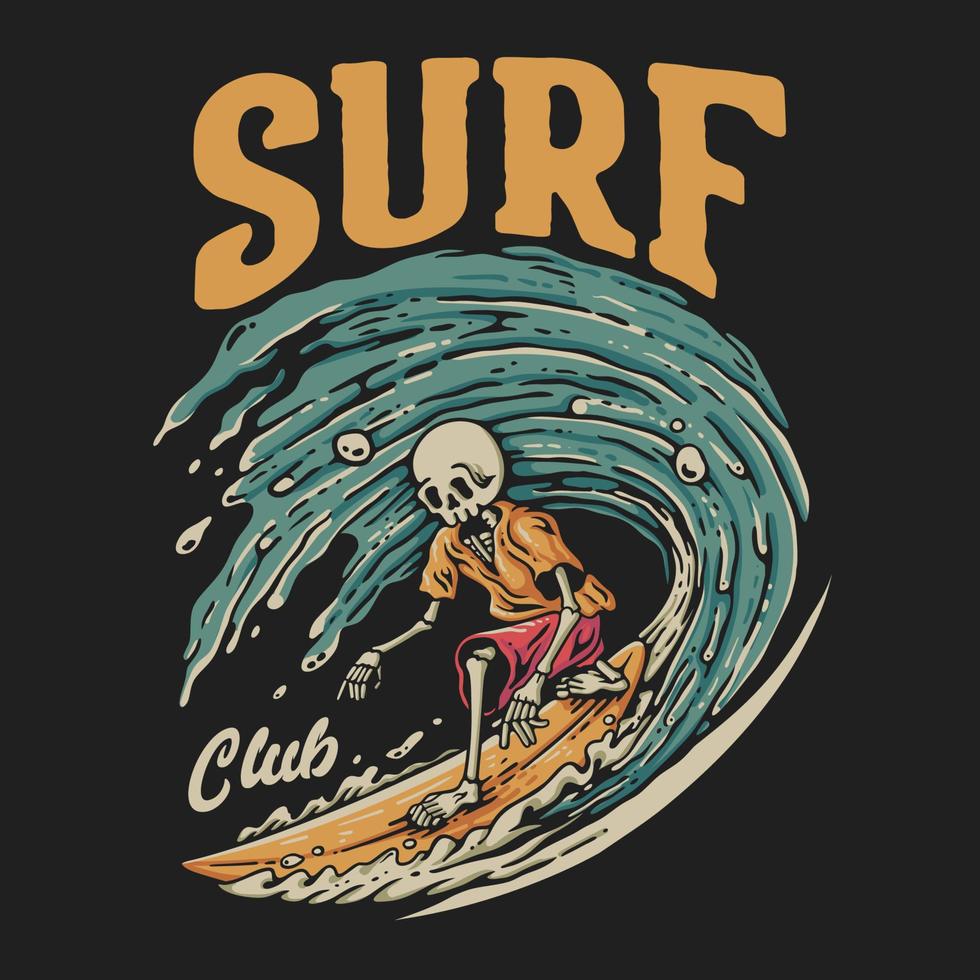 t Hemd Design Surfen Verein mit Skelett tun Surfen Jahrgang Illustration vektor