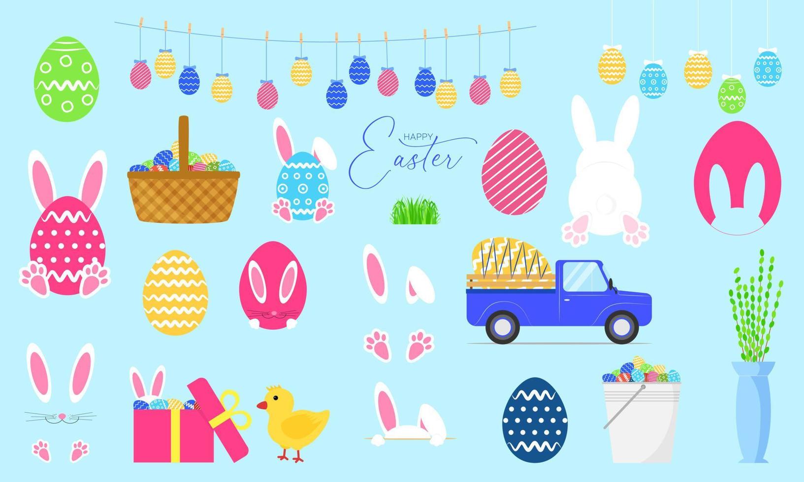 uppsättning av påsk klämma konst. symboler för påsk Semester. kanin, ägg, kycklingar, gräs. vektor illustration