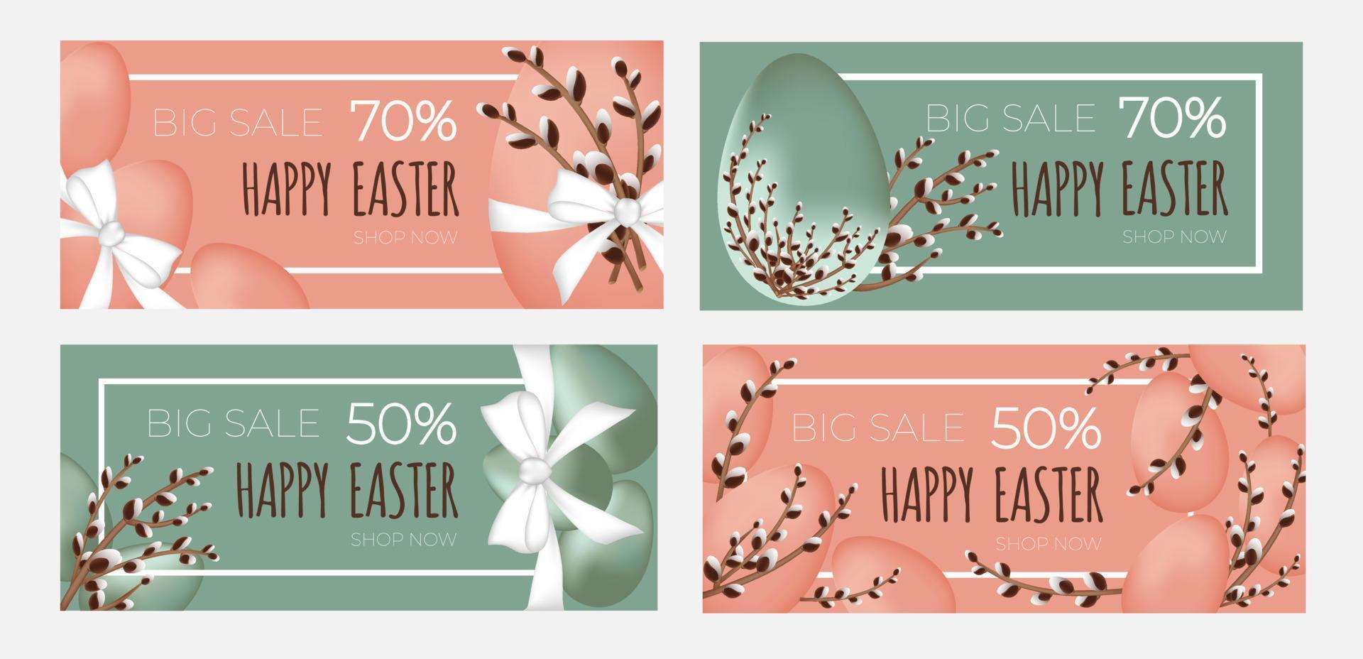 einstellen von Vektor Verkauf Banner. glücklich Ostern Konzept mit Weide Ast und Eier. Design im Pastell- Farben.