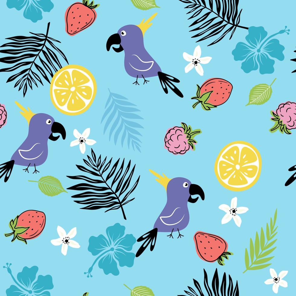 Sommer- nahtlos Muster mit Hand gezeichnet Gekritzel Blumen, Blätter, Früchte und Vögel. Vektor Illustration.