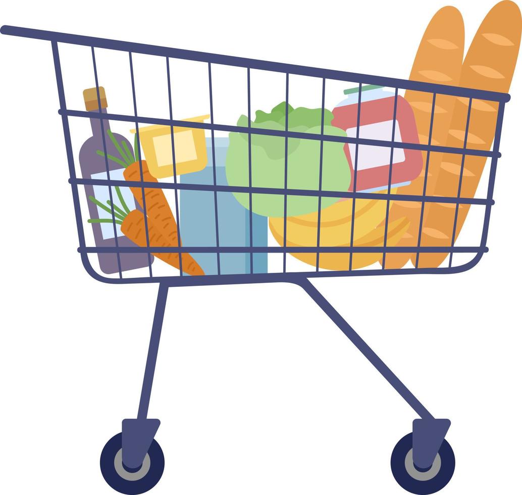 Einkaufen Wagen mit Essen von Supermarkt halb eben Farbe Vektor Objekt. editierbar Symbol. voll Größe Element auf Weiß. einfach Karikatur Stil Stelle Illustration zum Netz Grafik Design und Animation