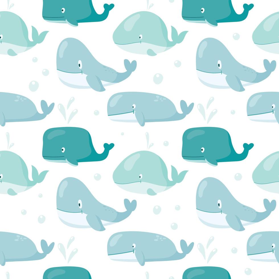 Vektor süß Karikatur nahtlos Muster. komisch kindisch isoliert Bilder von Wale von anders Formen und Größen. Gekritzel Bilder von unter Wasser Fauna zum Hintergrund Dekoration und Verpackung Papier.