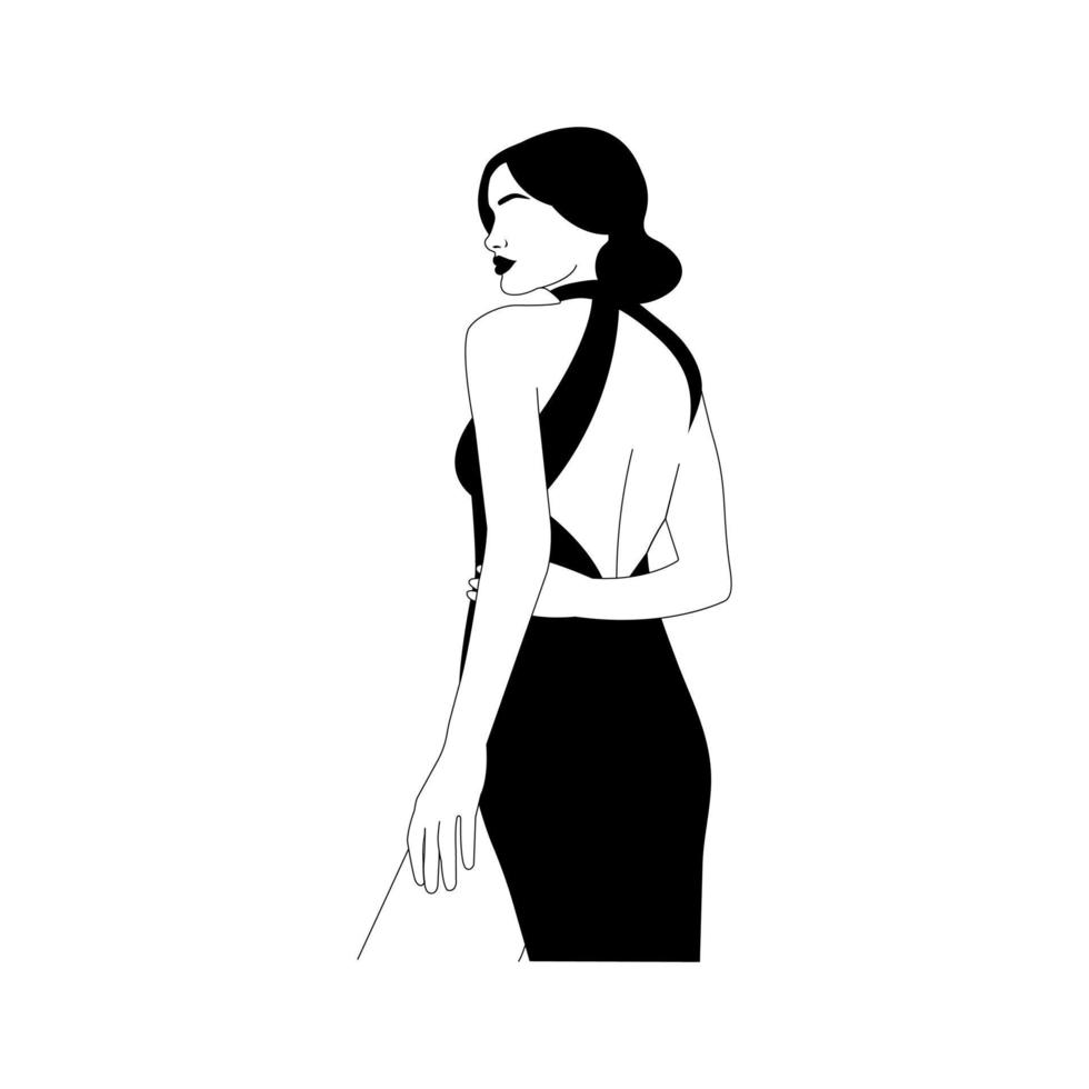 elegant flicka i en klänning. kvinna linjär figur, abstrakt kropp i minimalistisk stil. för logotyper, vykort, posters och grafik. vektor