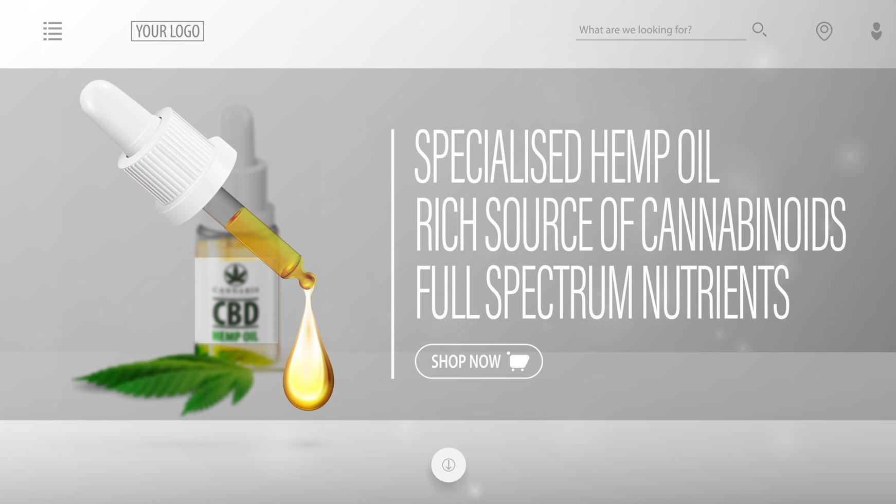 grauer Header für Website mit unscharfer CBD-Ölflasche, Pipette im Vordergrund und Schnittstellenelementen der Website vektor