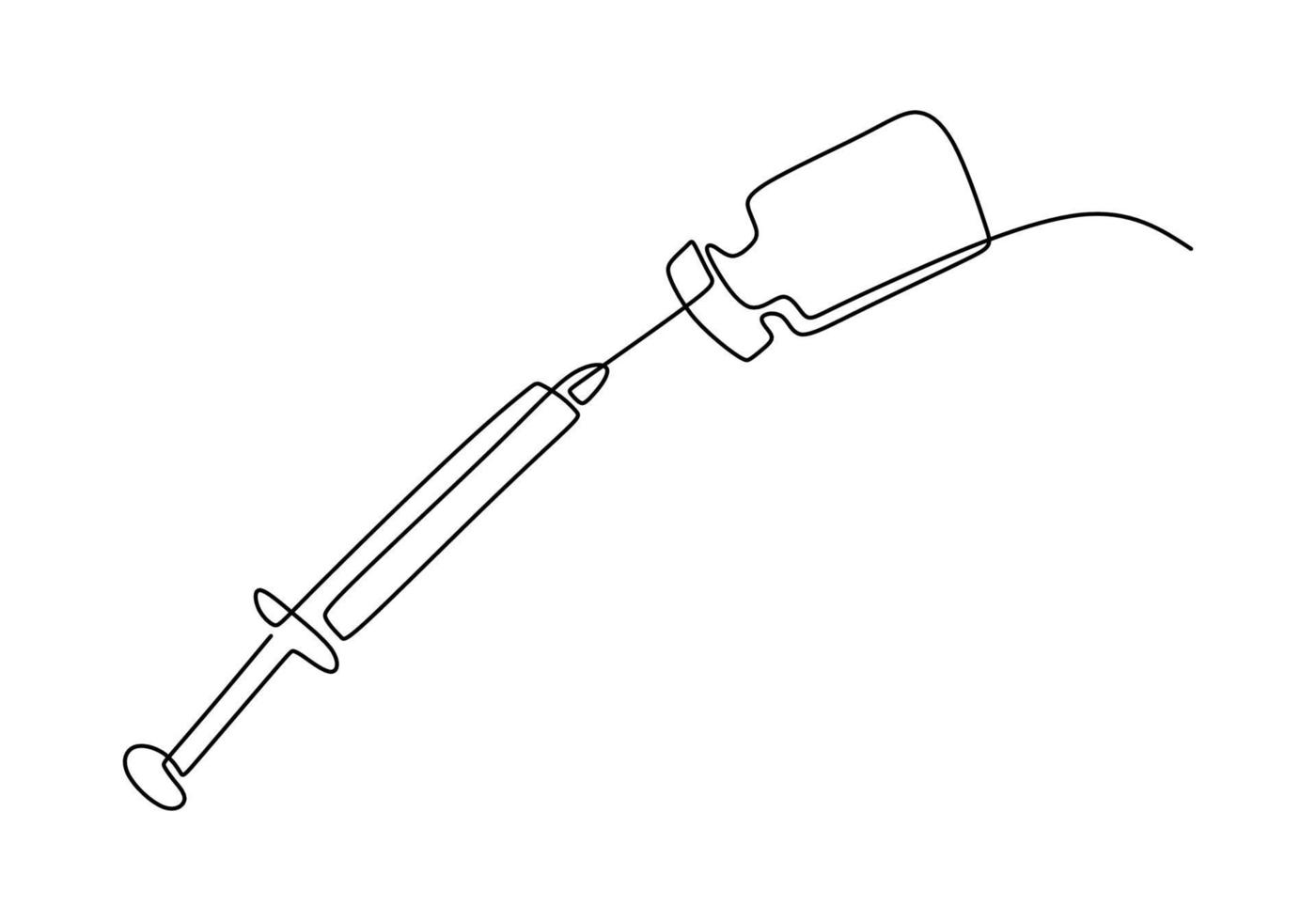Kontinuierliche einzeilige Zeichnung einer Spritze mit Nadel und Impfstoffröhrchen für den handgezeichneten minimalistischen Entwurf des Corona-Impfstofftests. gegen covid-19 Konzept isoliert auf weißem Hintergrund. vektor
