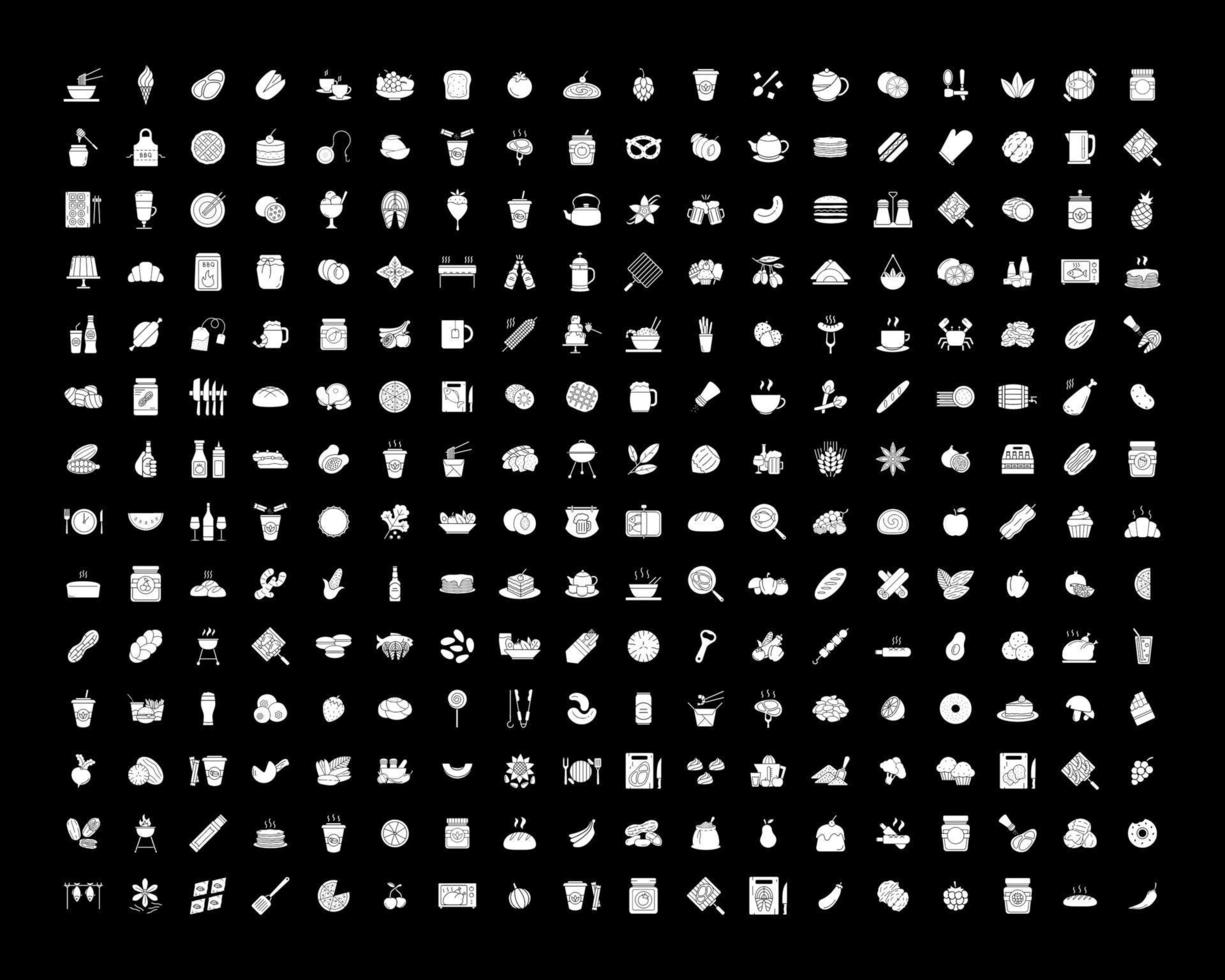 Lebensmittel weiße Glyphensymbole für dunklen Modus eingestellt vektor