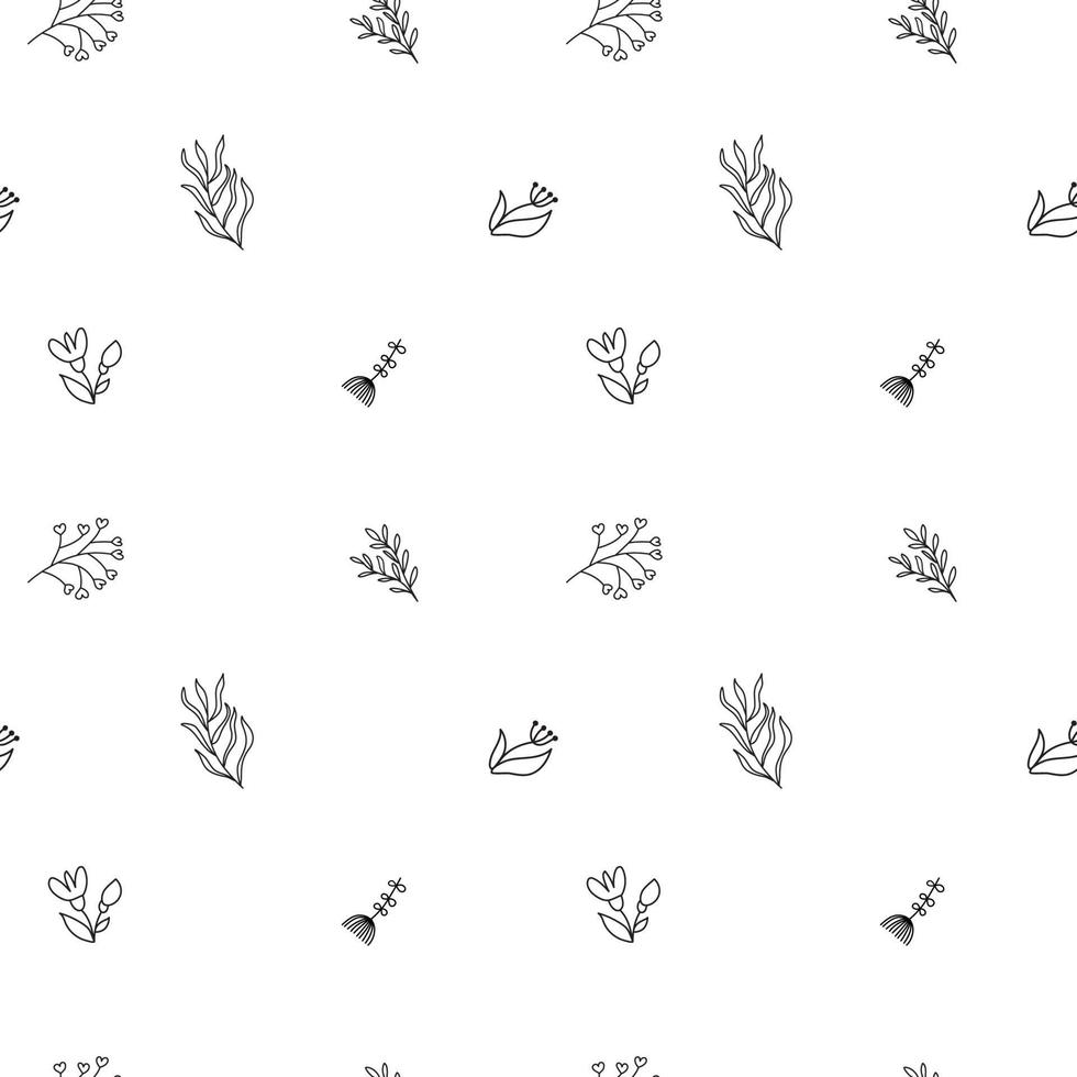 Vektor Hand gezeichnete Strichzeichnung Gekritzel Blumen nahtloses Muster mit Wildblumen, Pflanzen, Zweigen, Blättern. Design Monoline Elemente Illustration.