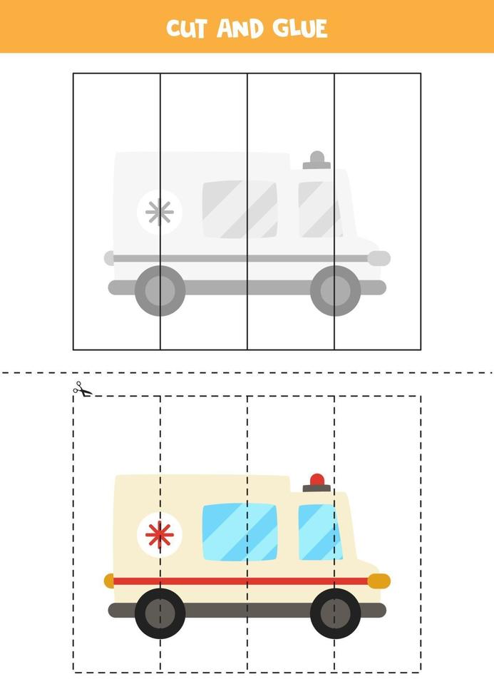 Spiel zum Schneiden und Kleben für Kinder. Cartoon Krankenwagen. vektor