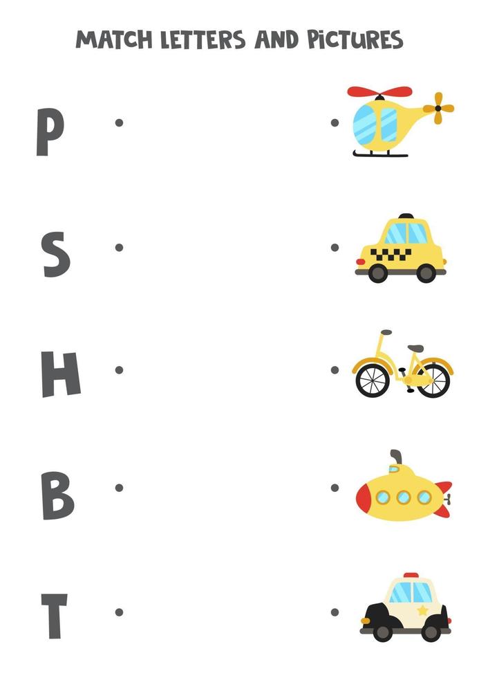 Match Transport und Briefe. logisches Lernspiel für Kinder. Vokabular Arbeitsblatt. vektor