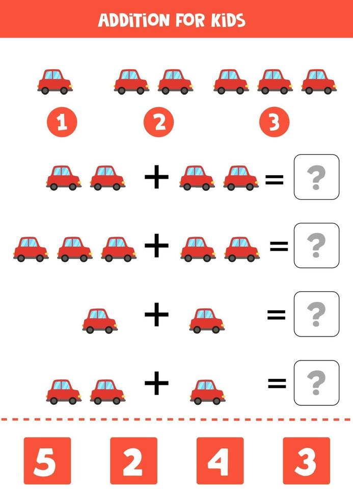 Zusatzarbeitsblatt mit Cartoon rotem Auto. Mathe-Spiel. vektor