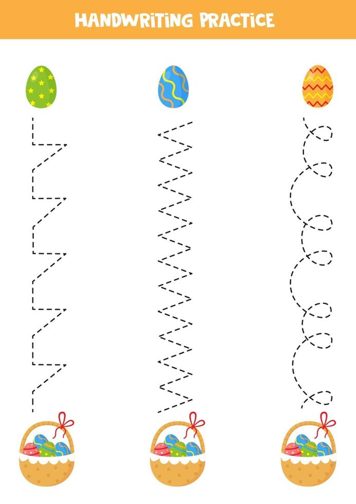 spåra linjerna med tecknade påskägg och korgar. skrivpraxis. vektor
