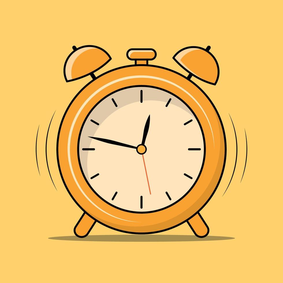 Tabelle Uhr kostenlos Vektor, Karikatur Tabelle Uhr Vektor mit das Gelb Hintergrund, Alarm Uhr eben Design