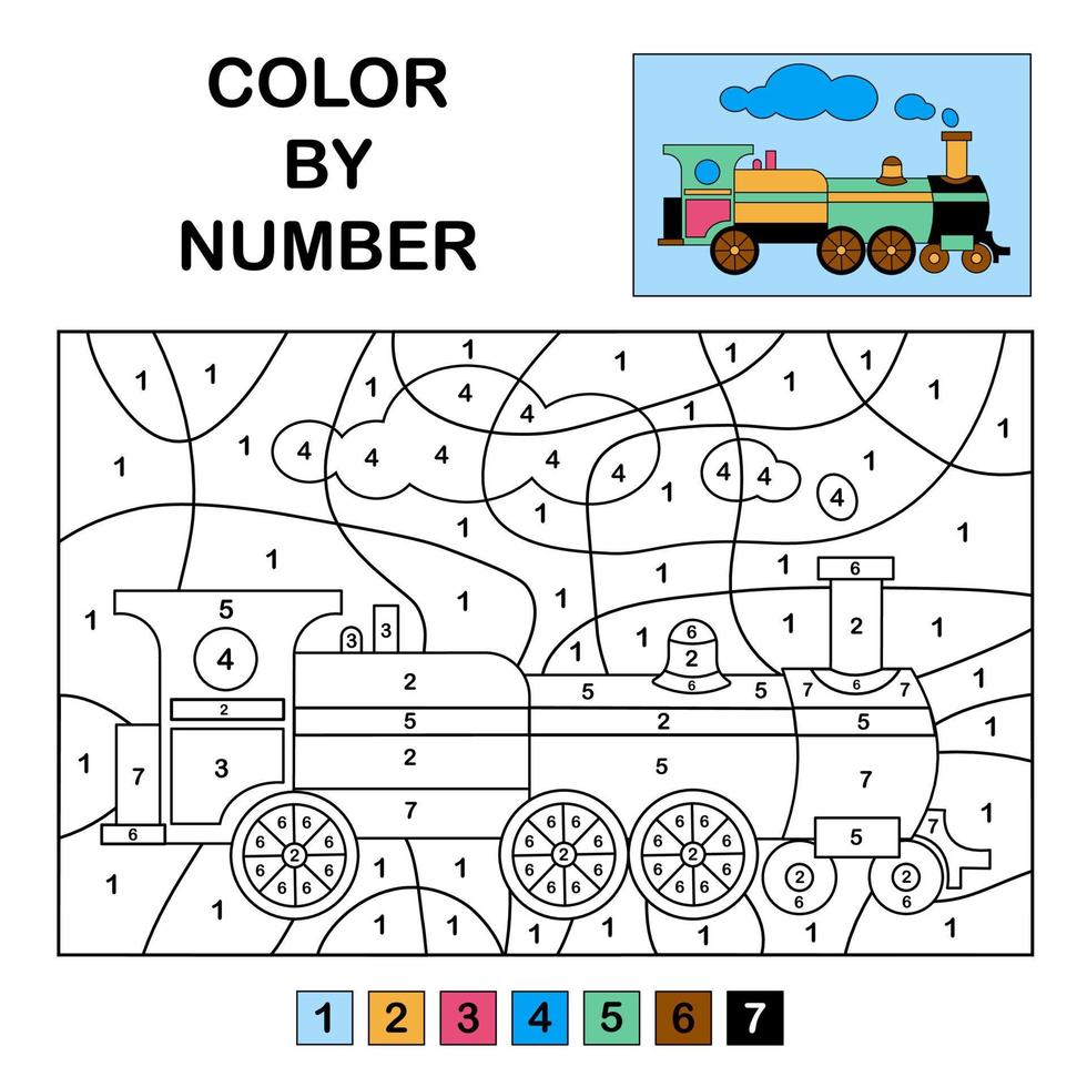 Farbe im das Zahlen auf das Grün Zug lehrreich Spiel zum Kinder und Jugendliche schwarz und Weiß Illustration Färbung Seite vektor