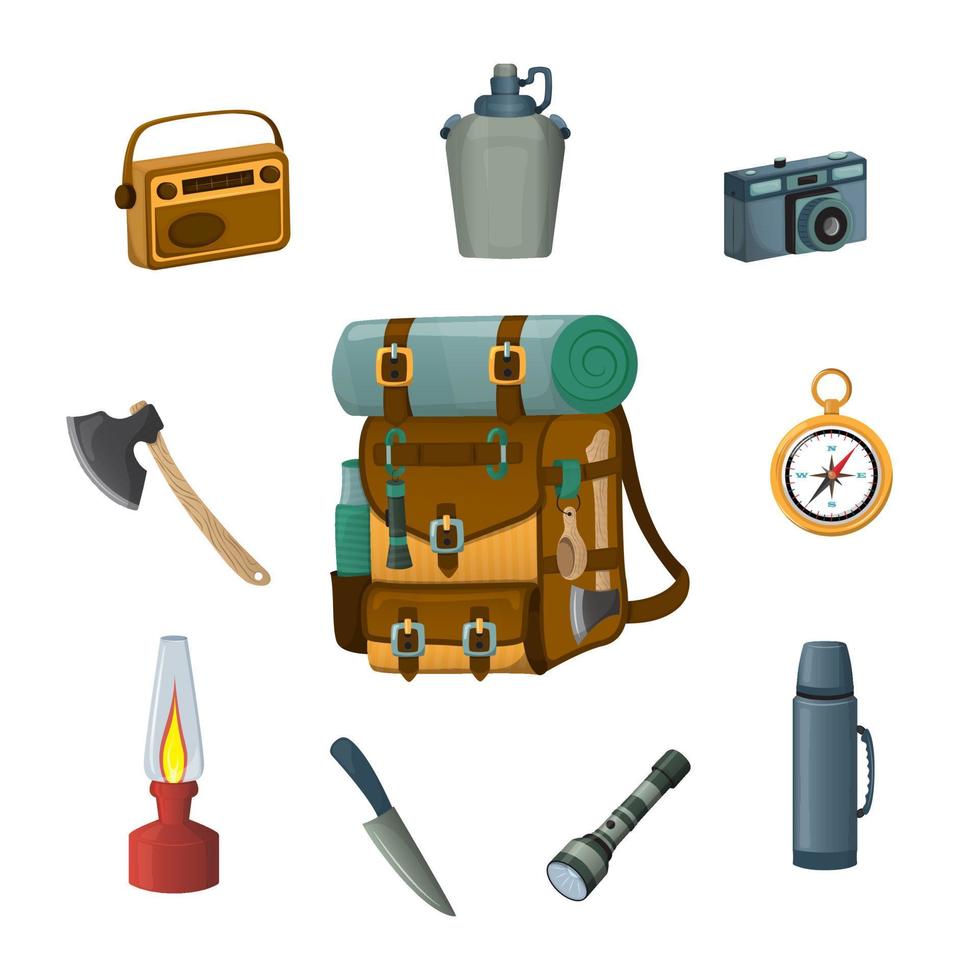 einstellen von Rucksackreisen wesentliche. Inhalt von das Wandern Rucksack. Dinge zum Camping, wandern, Reise. Vektor Illustration. Karikatur