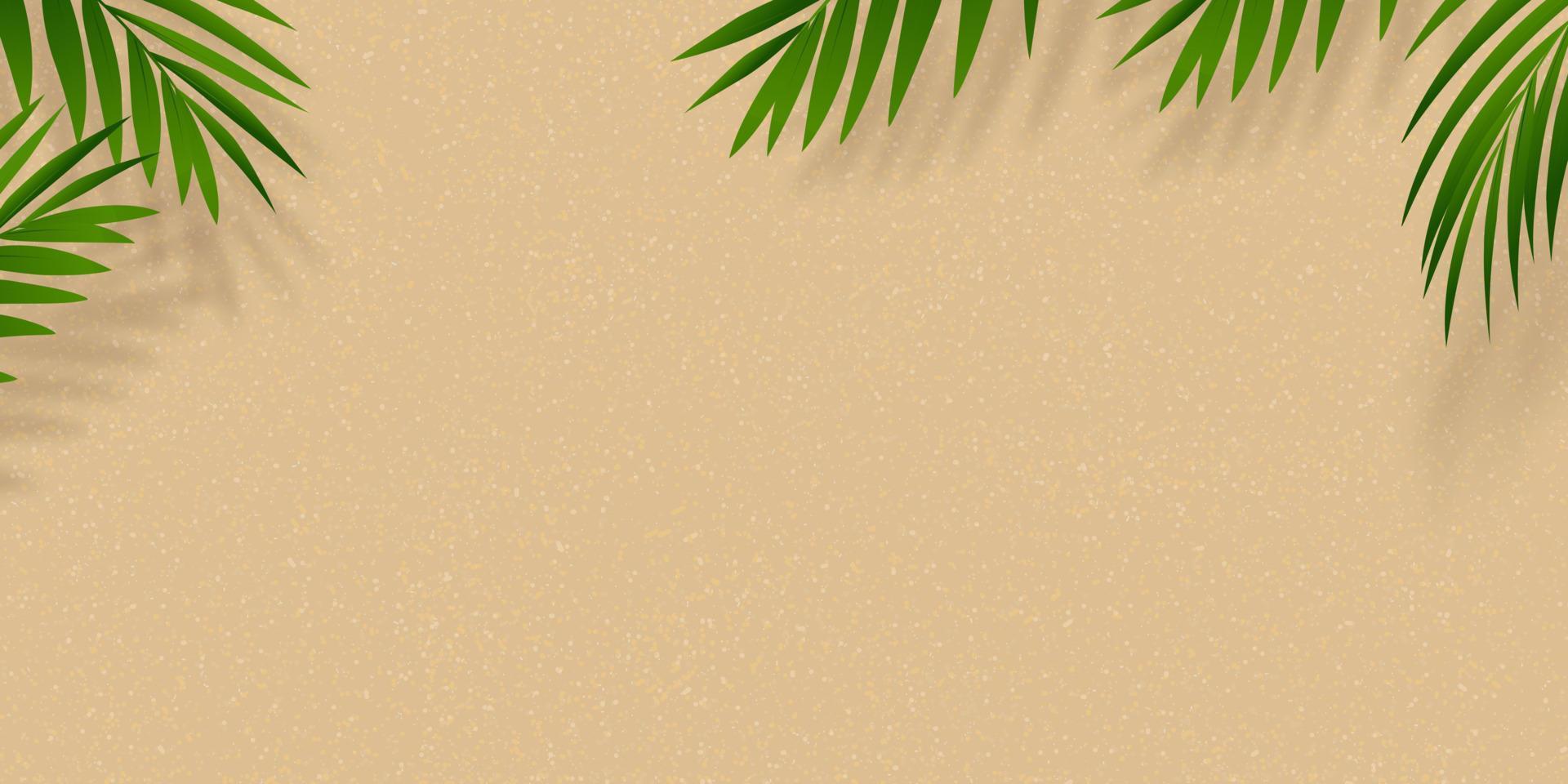 Sand Strand Textur Hintergrund mit Palme Blatt und Schatten, Vektor Illustration eben legen oben Aussicht tropisch Sommer- Strand, Kokosnuss Blätter auf braun sandig mit Kopieren Platz, Urlaub Sommer- Hintergrund Hintergrund