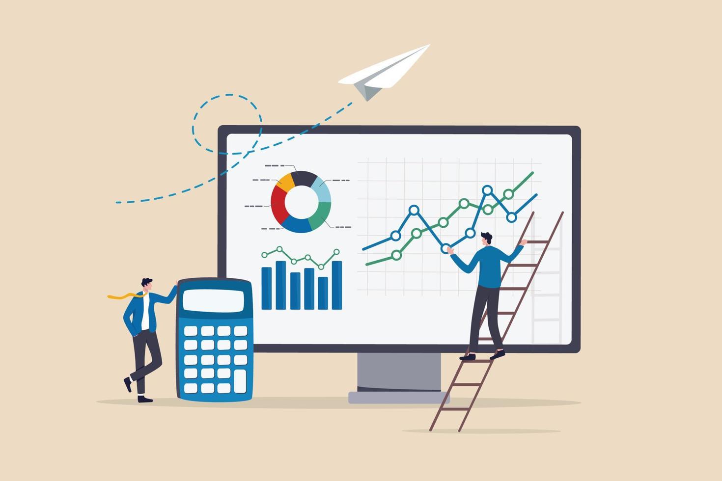 data analys, finansiell instrumentbräda eller bokföring, företags- inkomst eller investering vinst, beskatta, budget eller marknadsföring strategi begrepp, företag människor arbetssätt med finansiell instrumentbräda och kalkylator. vektor