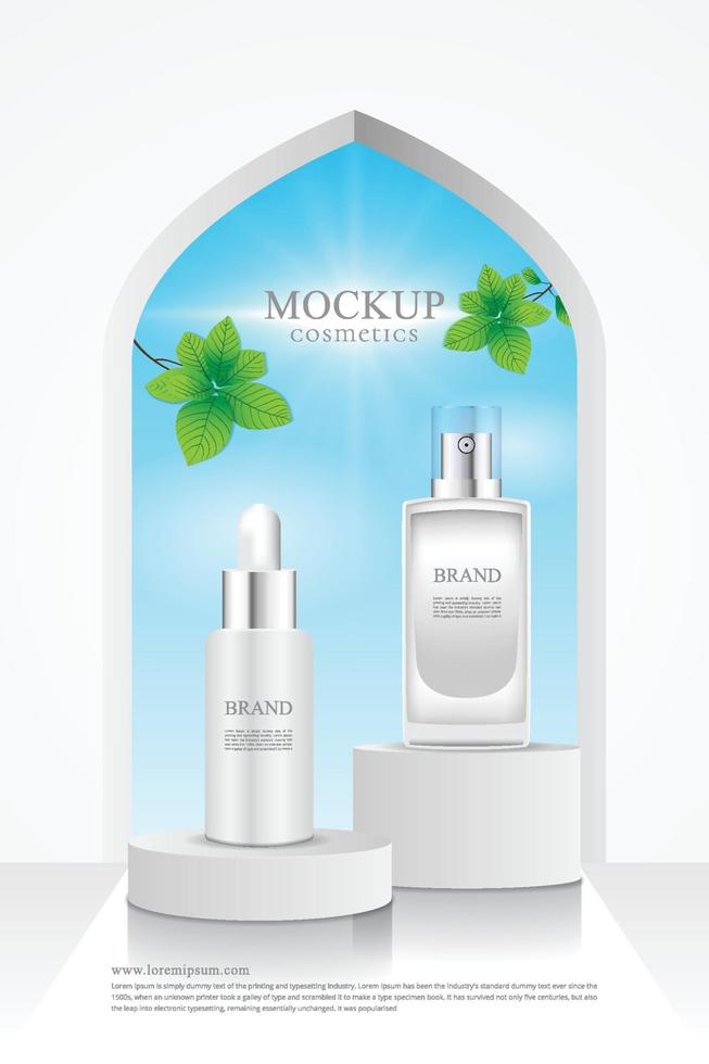 kosmetiska produkter står på bakgrund av himmel och blad med förpackning 3d vektor
